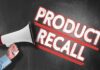 Megaphone announcing "Product Recall" on chalkboard background.