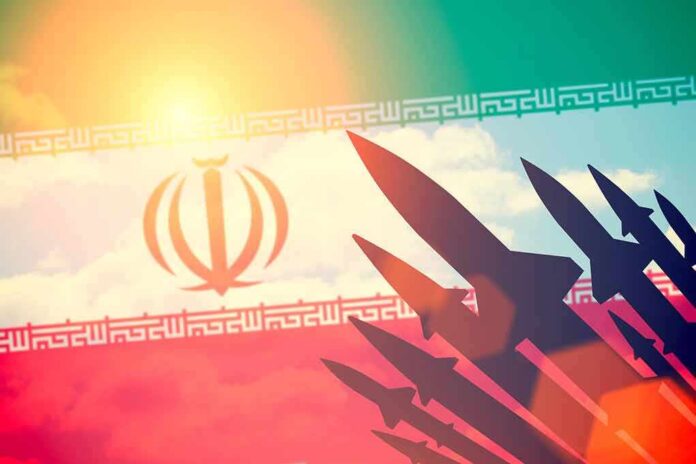 Iranian flag with silhouetted missiles and sunlight