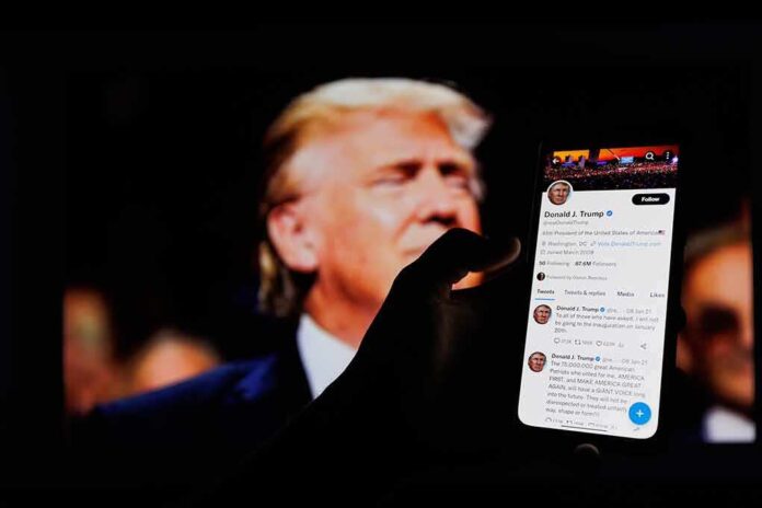 Hand holding phone displaying Twitter profile and tweets