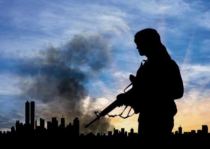 Silhouette of armed figure with city skyline background
