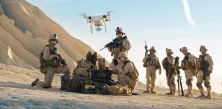 Soldiers operating drone in desert environment during mission