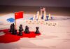 Trade war concept with chess pieces and flags