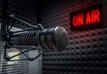 Microphone in studio with On Air sign.