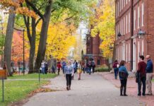 People walking on a college campus in autumn