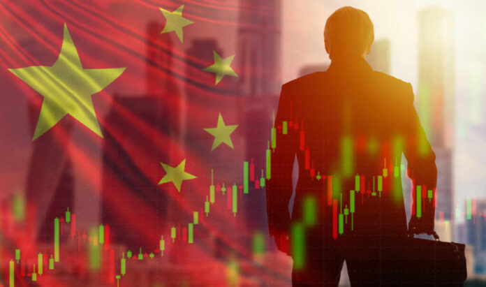 Man with chart and China flag background