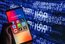 Smartphone showing social media apps with text background