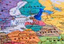 Map of Europe with pin on Lithuania