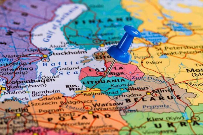 Map of Europe with pin on Lithuania