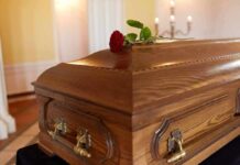 Wooden coffin with red rose on top