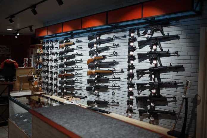 Wall mounted guns displayed in a store