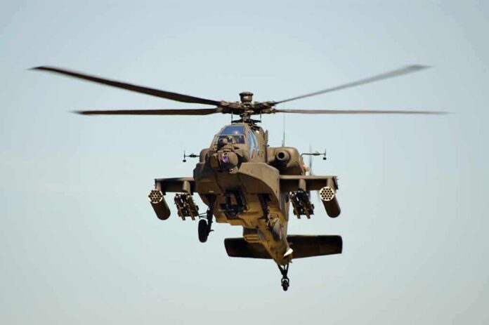 Helicopter in flight viewed from below front