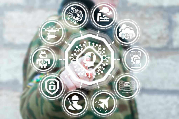 Person interacting with futuristic holographic interface and icons