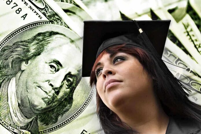 Young woman in graduation cap looking upward with money in the background