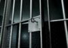 Close up of a locked prison gate with metal bars