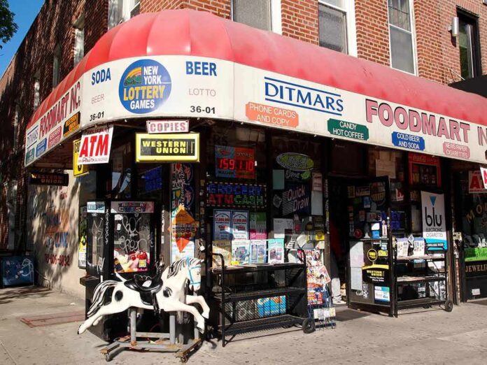 Exterior view of a convenience store with various signs and advertisements