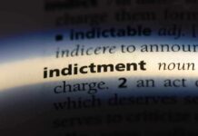 Close-up of a dictionary page showing the definition of 'indictment'