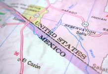 Close-up of a map showing the United States and Mexico border