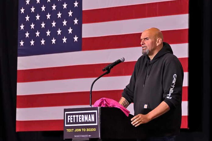 shutterstock_2206788177.jpg Speaker addressing an audience in front of an American flag