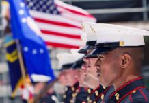 Shocking Artillery Mishap Shakes Marine Base U.S. Marines in uniform standing in formation with flags in the background