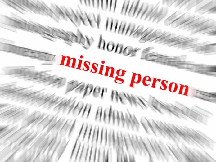 Text graphic highlighting missing person in red among blurred words
