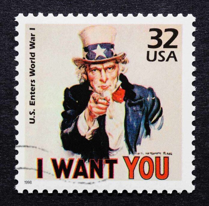 shutterstock_92977081.jpg Vintage stamp featuring Uncle Sam pointing with the text I WANT YOU