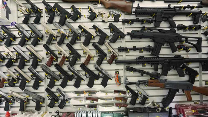 Wall display with handguns and rifles for sale.