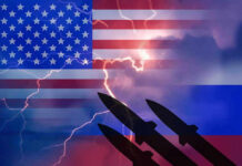 Fear of Nuclear MOON Base – Russia’s Bold Move U.S. and Russian flags with missiles and lightning.