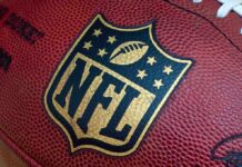 Close-up of an NFL football with the logo prominently displayed