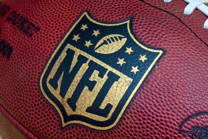 Close-up of an NFL football with the logo prominently displayed