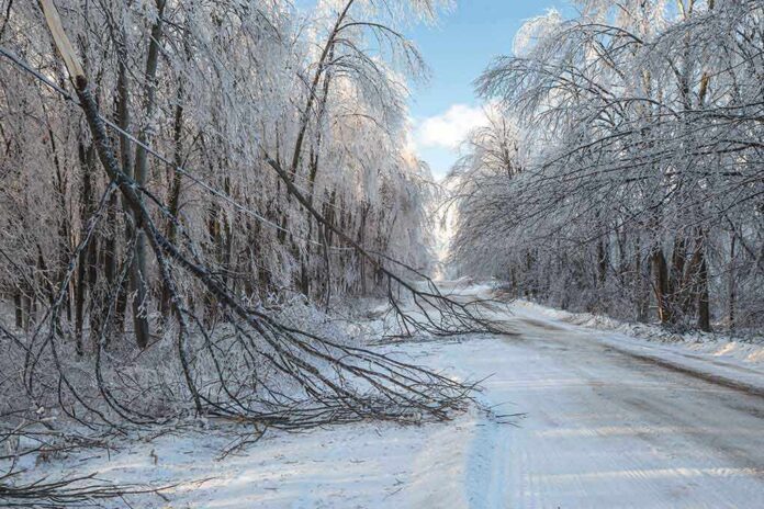 A snow-covered road lined with icy trees and fallen branches