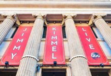Exterior view of a television studio featuring large banners for Jimmy Kimmel Live