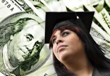 Young woman in graduation cap looking upward with money in the background