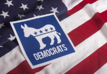 Democrats symbol on American flag background.