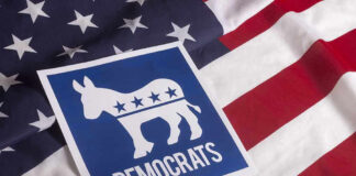 Democrats symbol on American flag background.