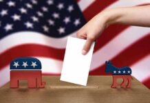 A hand placing a ballot into a box with political symbols on either side against a backdrop of the American flag