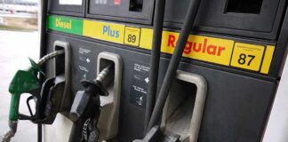 Close-up of a fuel pump with diesel and gasoline options