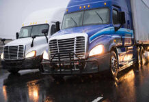 Child Left With Half a Skull After Illegal Truck Driver Collision! Two trucks driving on a wet road.