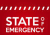 STATE OF EMERGENCY in bold white text on red background.