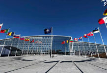 Trump Warns Europe: Collapse Clock Ticking! Flags outside NATO headquarters building under clear blue sky.