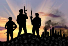 Suburban Mom ARRESTED – Funding Terrorist Movement! Three armed silhouettes near a smoky city skyline.