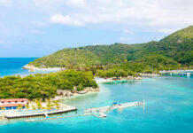 Americans Advised to AVOID Tourist Death Trap Tropical beach with docks and lush green hills.