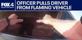 Texas police officer pulls driver from flaming vehicle