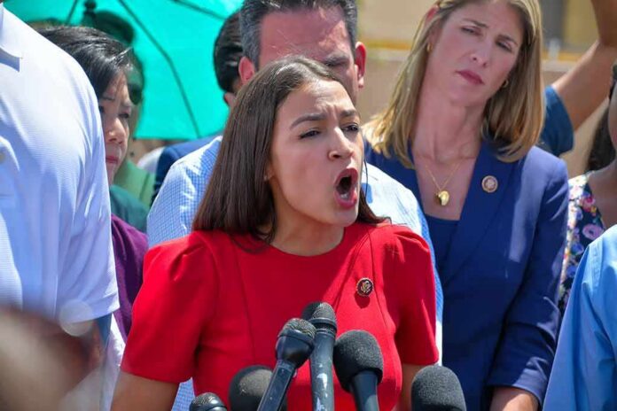 shutterstock_1439783048 Woman in red dress speaking passionately at outdoor press conference
