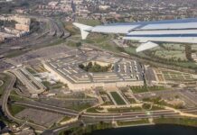 Pentagon building viewed from airplane window