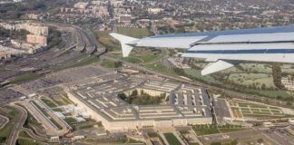 Pentagon building viewed from airplane window