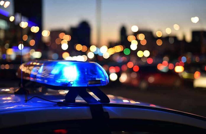 Police car light bar flashing at dusk