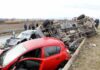 Packed Tour Bus Flips – Multiple Casualties Overturned truck and damaged cars after highway crash
