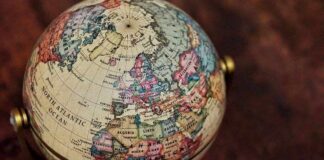 Vintage globe showing Europe, North Africa, and the North Atlantic