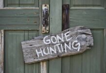 Weathered wooden sign on green door