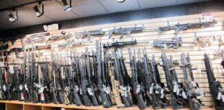 Wall of rifles and shotguns in a gun store